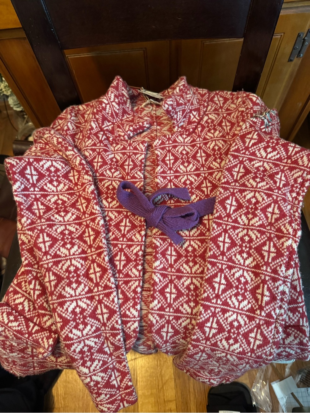 Anthropologie Red and White Nordic Tie-Front Cardigan